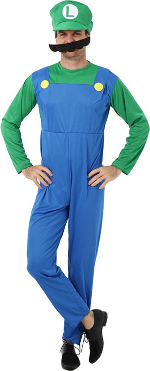 Joya Kids® Luigi Verkleedpak Kostuum | Carnavalskleding Verkleedkleding Mannen | Heren | Carnaval Super Mario Kostuum | Polyester | 3-Delig T-Shirt Tuinbroekpak, Pet en Snor | Maat L